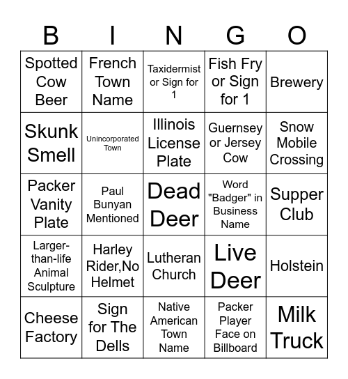 Wisconsin Road Trip Bingo Card