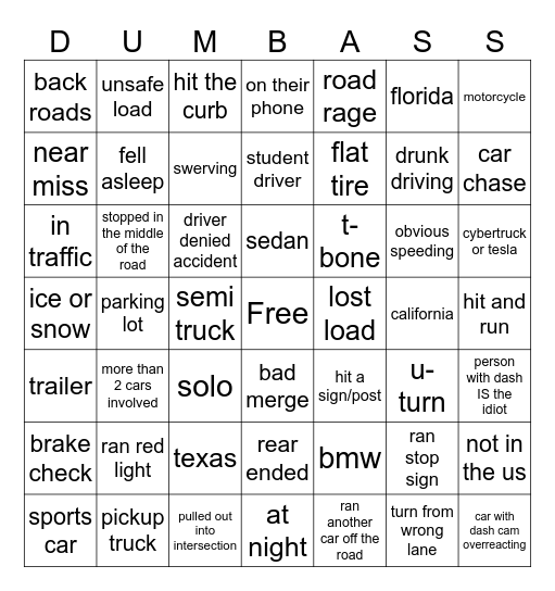 Idiots in Cars Bingo Card