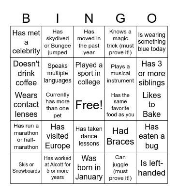 Alcott Mingle Bingo Card