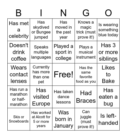 Alcott Mingle Bingo Card