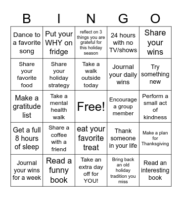 Caregiver Bingo Card