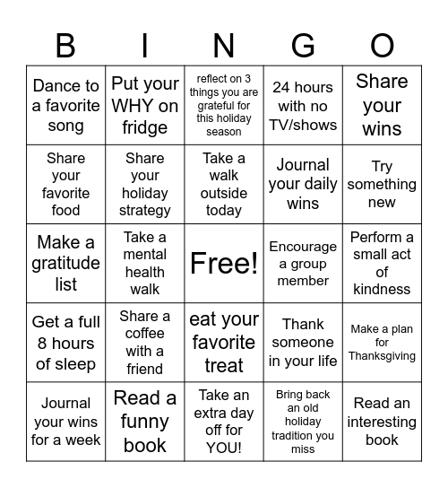 Caregiver Bingo Card