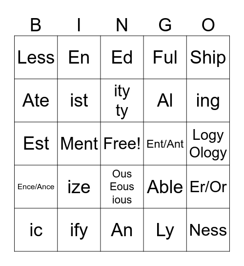 Suffix Bingo Card