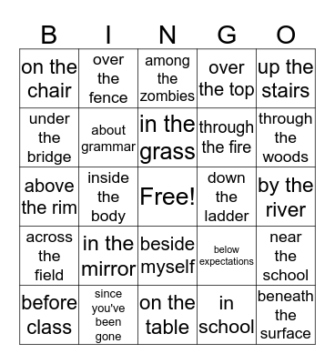 Preposition Bingo Card