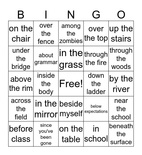 Preposition Bingo Card