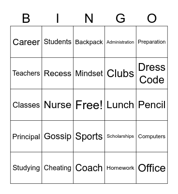 Back To School Bingo Card