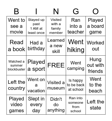 Back to School Bingo- Winter Break addition Bingo Card