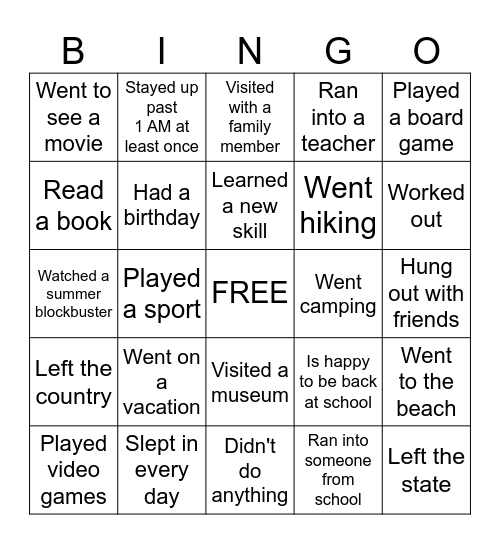 Back to School Bingo- Winter Break addition Bingo Card