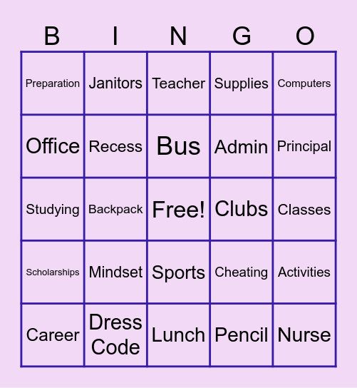 Back To School Bingo Card