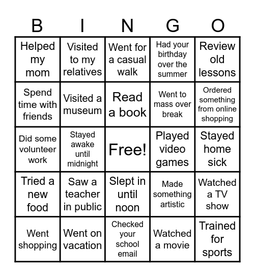 Welcome Back To School Bingo Card