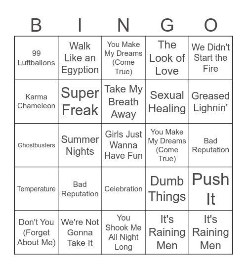 80s bangers Bingo Card