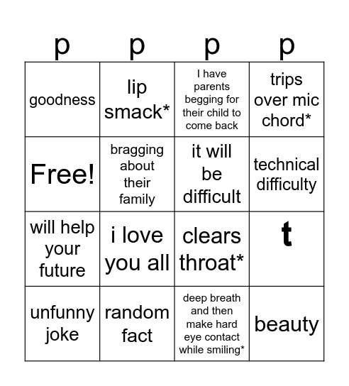 Orientation Speech Bingo Card