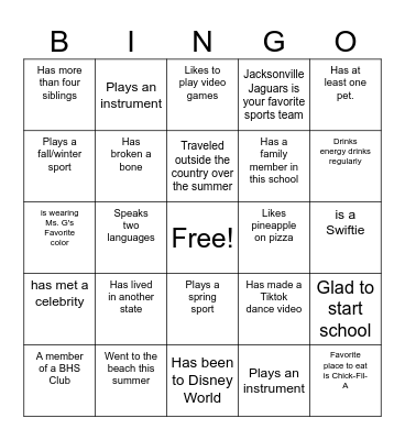 First Day of School Bingo Card