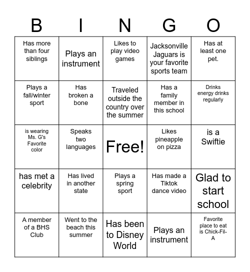 First Day of School Bingo Card