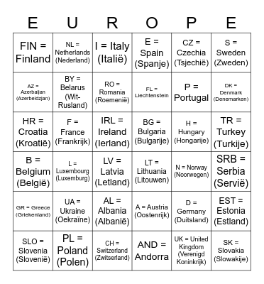 Cars & Countries Bingo Card