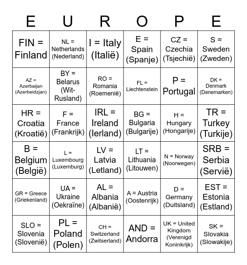 Cars & Countries Bingo Card