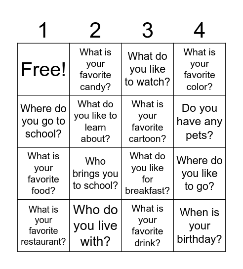 All About Me BINGO Card