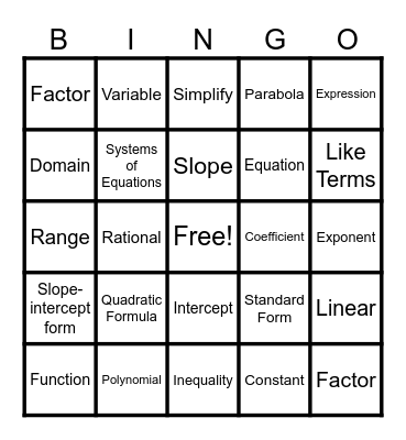 Algebra 2 VOCAB BINGO Card