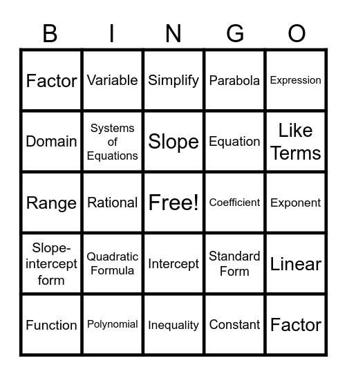 Algebra 2 VOCAB BINGO Card