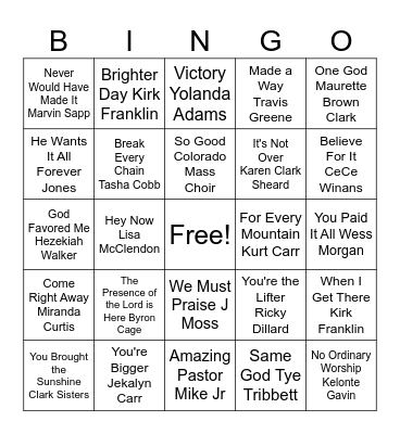 Gospel Songs Bingo Card