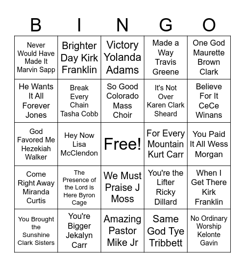 Gospel Songs Bingo Card