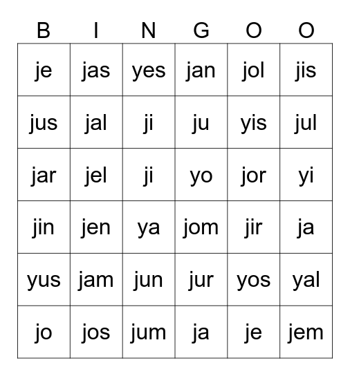 ja je ji jo ju ya ye yi yo yu Bingo Card