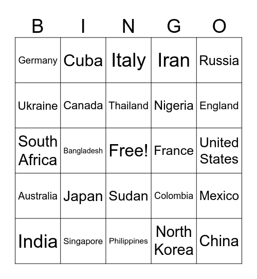 Longitude and Latitude Bingo Card