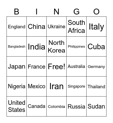 Longitude and Latitude Bingo Card