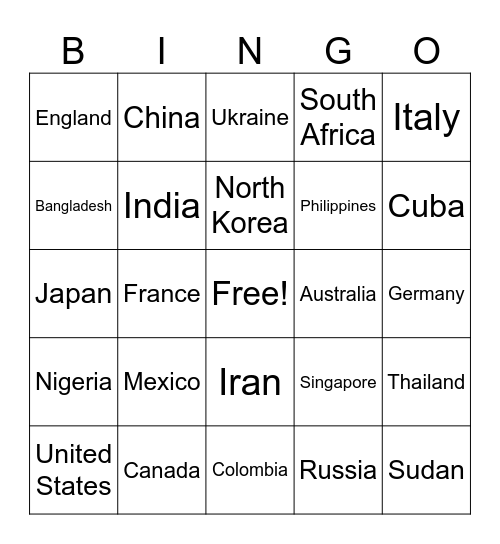 Longitude and Latitude Bingo Card