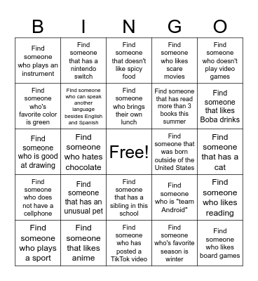 Get to Know Your Classmates Bingo Card