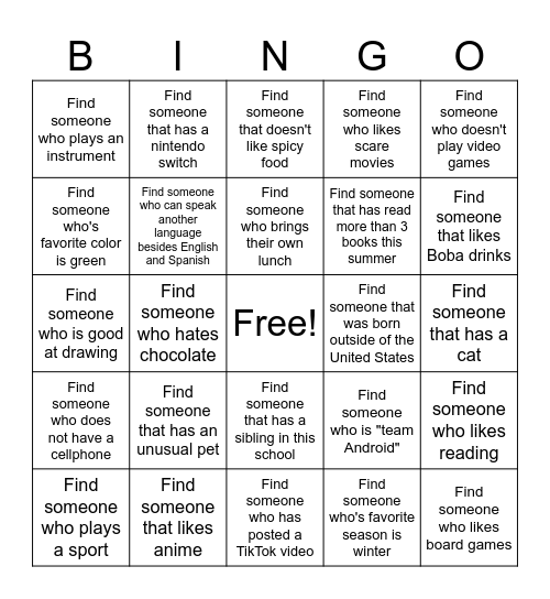 Get to Know Your Classmates Bingo Card