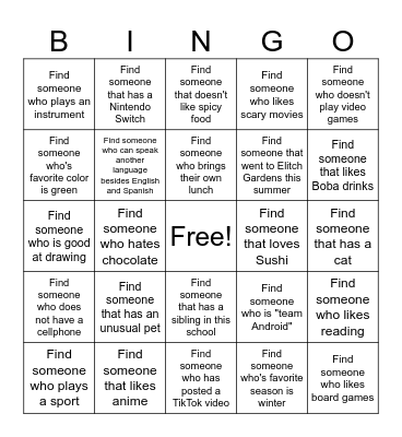 Get to Know Your Classmates Bingo Card