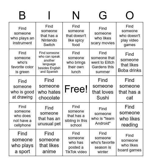 Get to Know Your Classmates Bingo Card