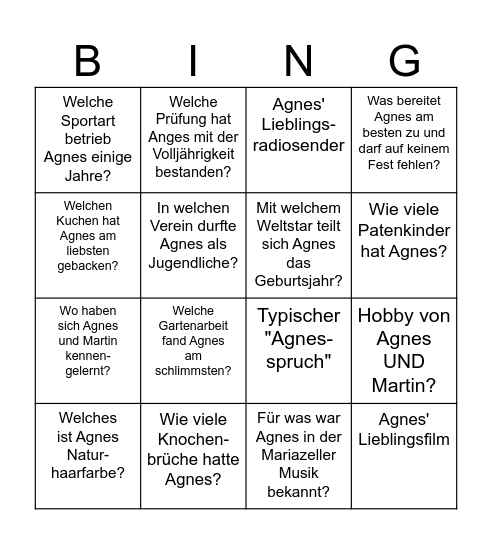 90 Jahre Agnes Bingo Card