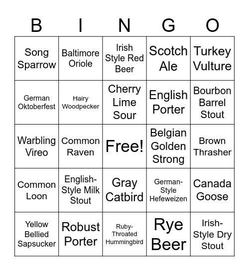 BIRD AND BEER BINGO GAME 3 Bingo Card