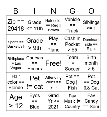 APCSP Boolean Bingo Card