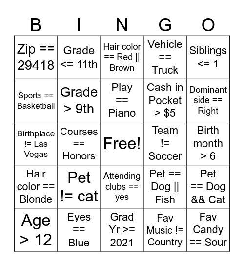 APCSP Boolean Bingo Card