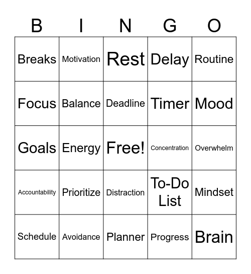 Time Management Bingo Card