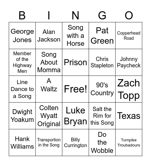 SC Saloon - Music Bingo Card