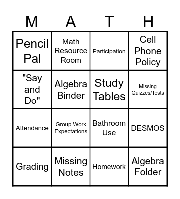 Algebra Syllabus BINGO Card