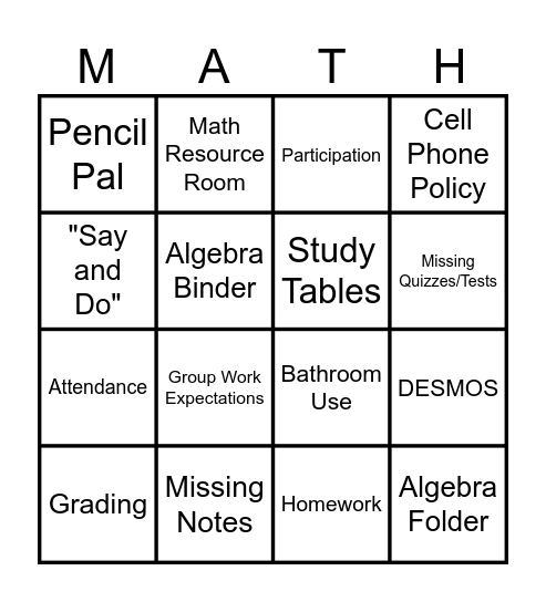 Algebra Syllabus BINGO Card