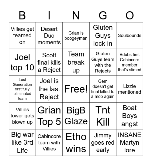 Life Series Bingo Card