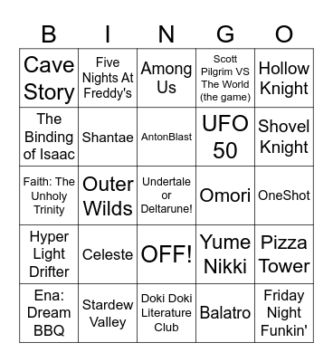 Indie Game wplace Bingo Card