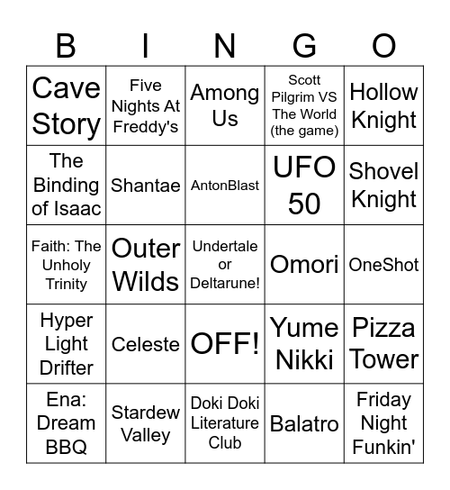 Indie Game wplace Bingo Card