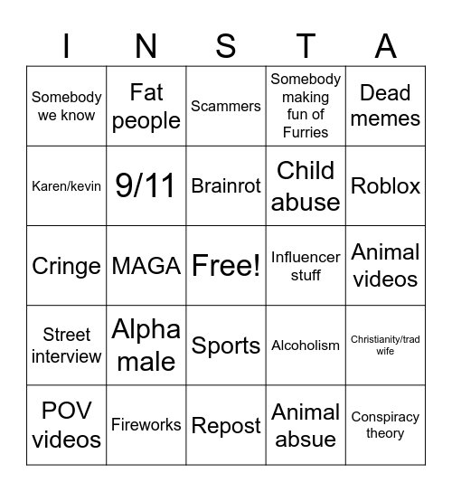 Instagram reels Bingo Card