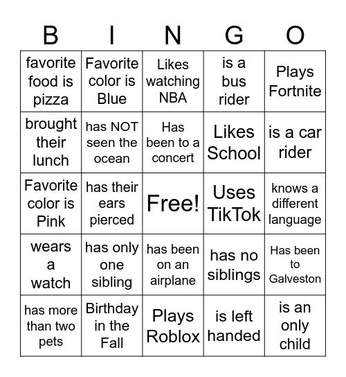 Get To Know Me Bingo Card
