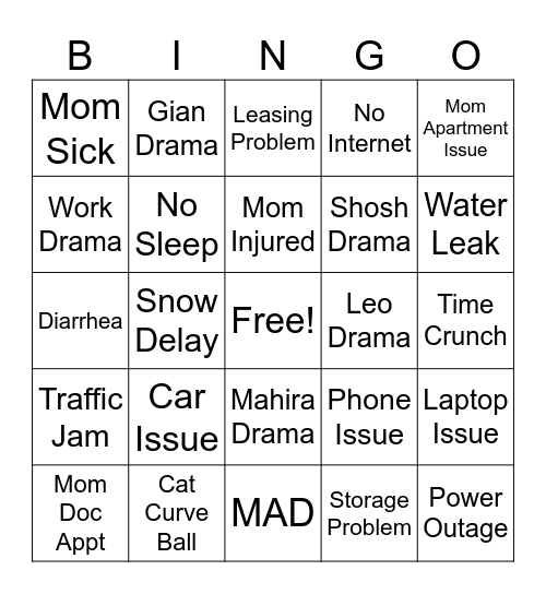 Apartment Adventure Bingo Card