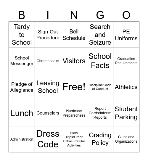 1st Day BINGO Card