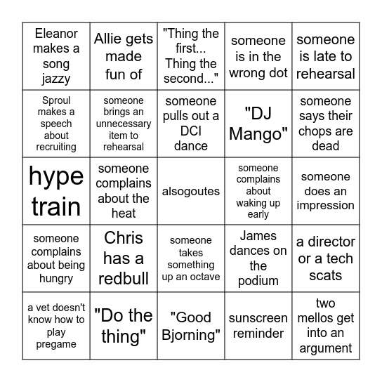 UofU Band Camp Bingo (Mellos) Bingo Card