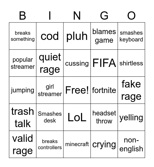 gamer rage Bingo Card